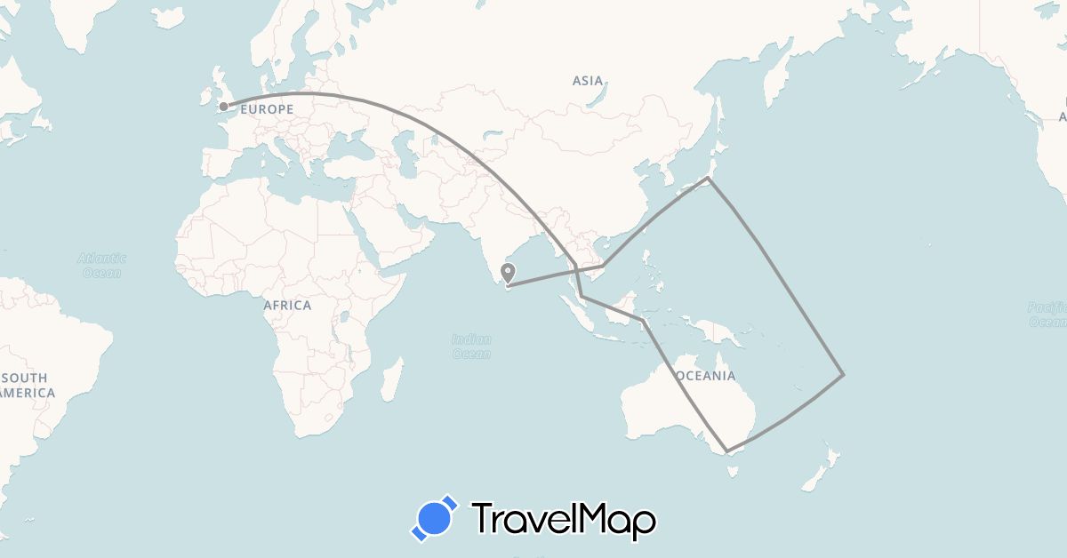 TravelMap itinerary: driving, plane in Australia, Fiji, United Kingdom, Indonesia, Japan, Sri Lanka, Malaysia, Thailand, Vietnam (Asia, Europe, Oceania)
